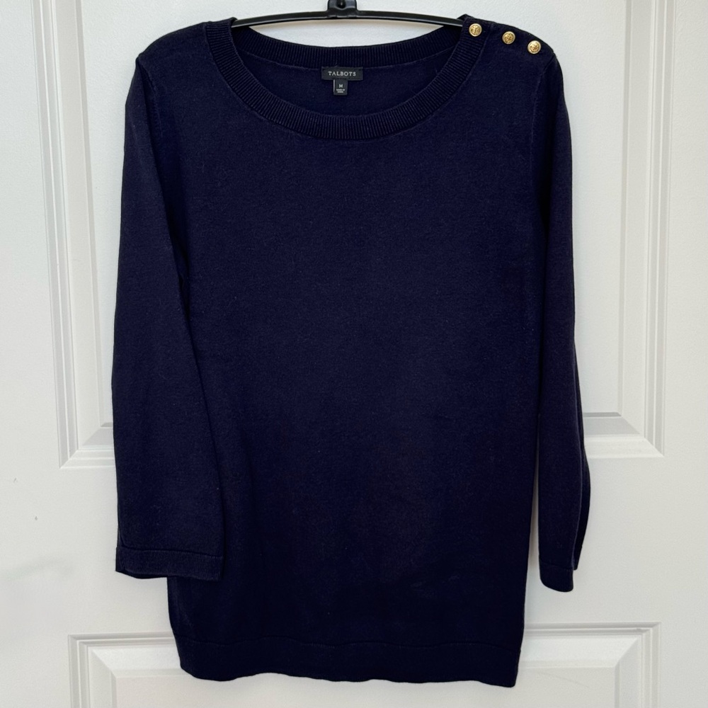 Talbots Navy 3/4 Sleeve Knit Top w/ Gold Button Shoulder - M